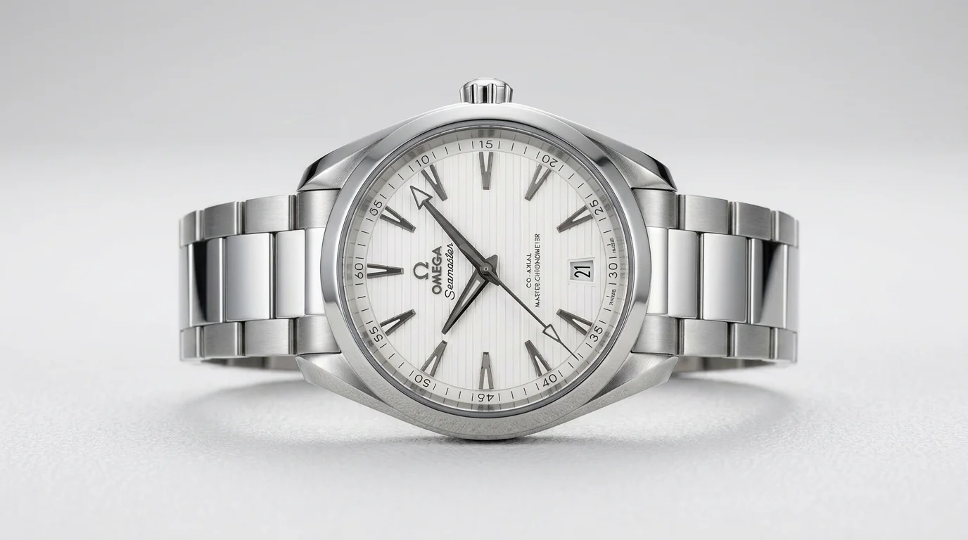 Top-down studio photograph of an Omega Aqua Terra showing the full case and lugs