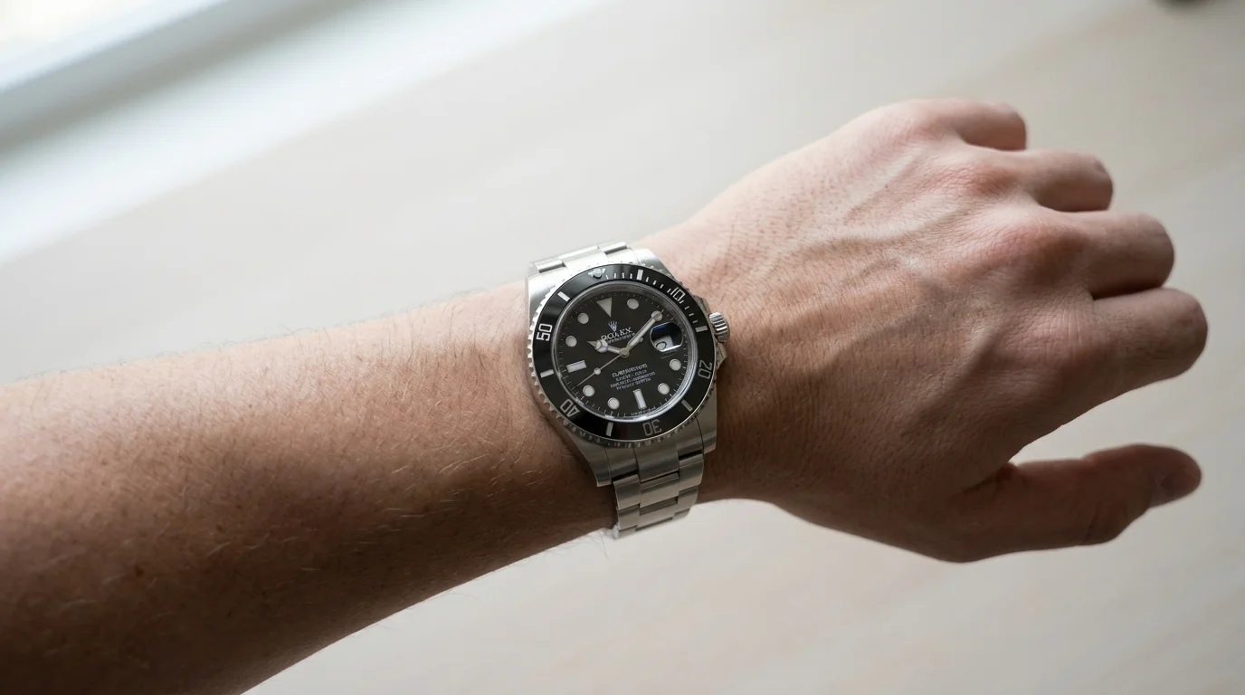 A Rolex Submariner worn on the wrist viewed from directly above showing how the lugs sit relative to the wrist edges