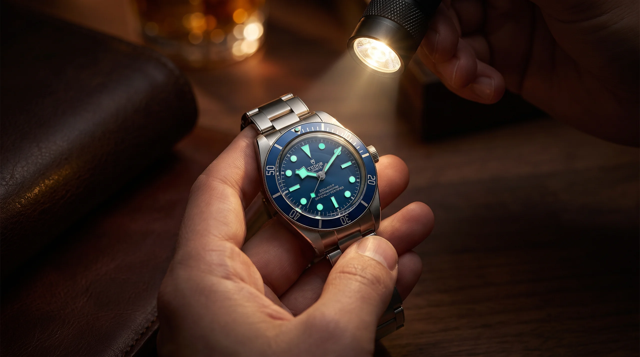 Charging a watch's Super-LumiNova under a flashlight, showing that photoluminescent lume needs light to glow