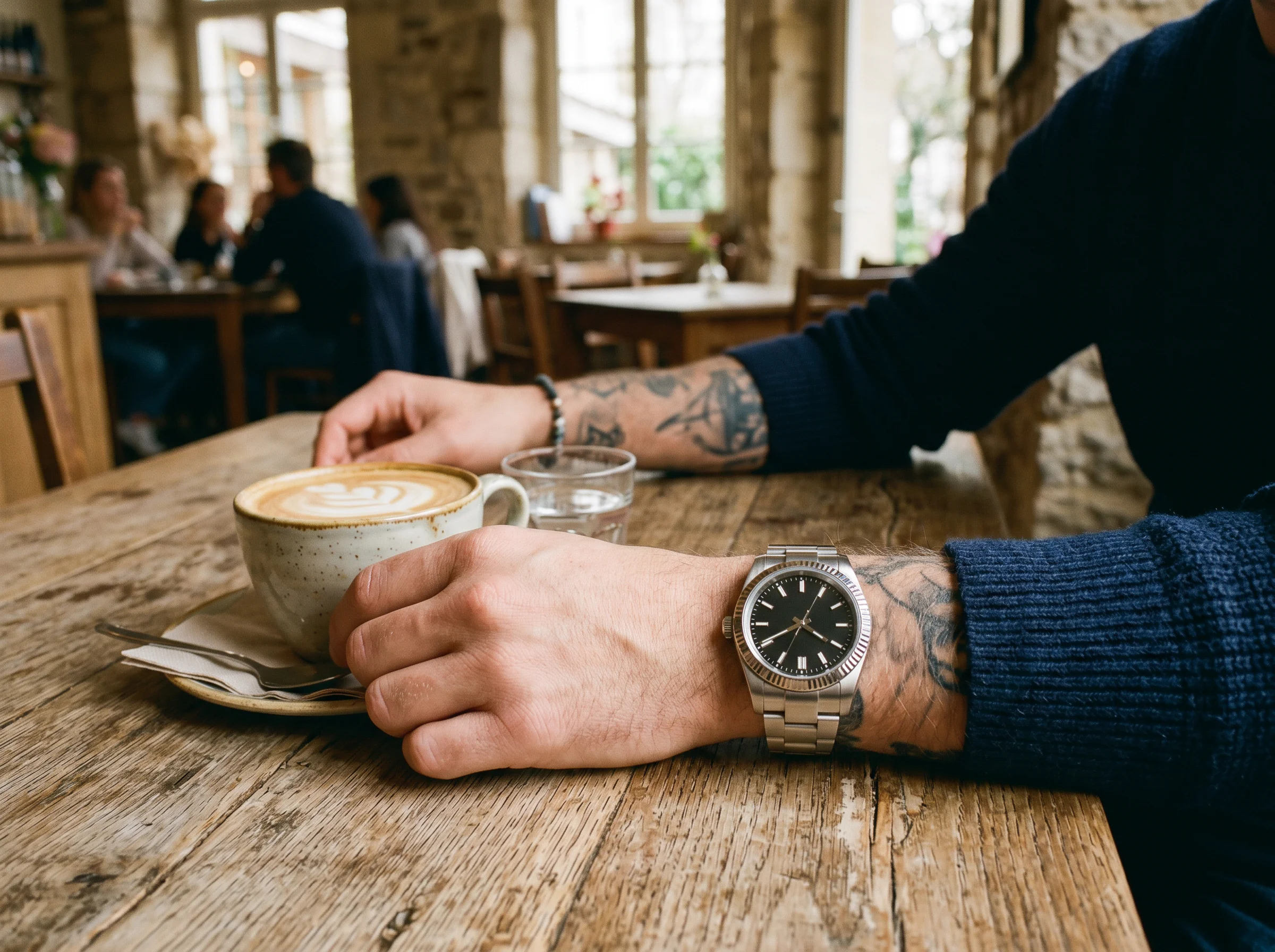 An unbranded steel luxury watch on a wrist resting on a cafe table beside a coffee cup in warm daylight