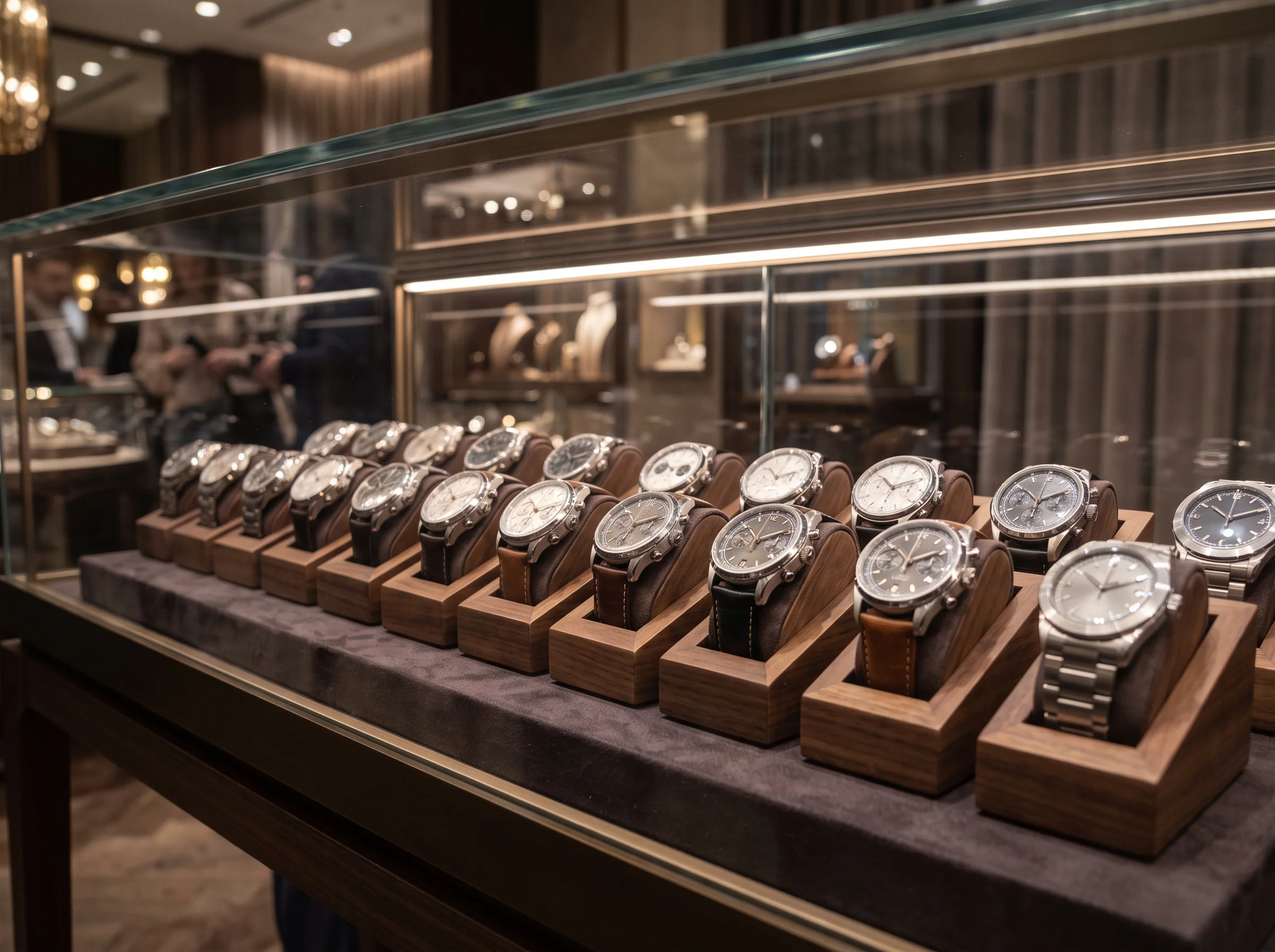 A row of luxury watches in a glass display case, representing ample secondary-market supply