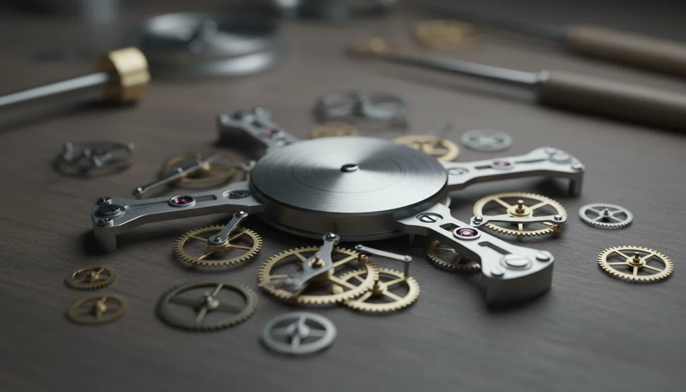 A watch movement with the barrel bridge and mainspring barrel visible