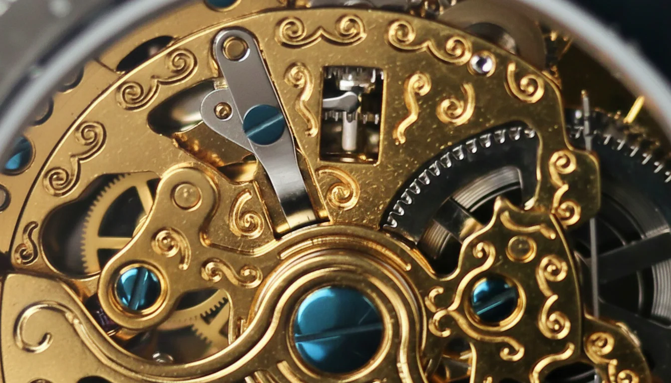 The barrel and ratchet wheel of a watch movement driving the gear train