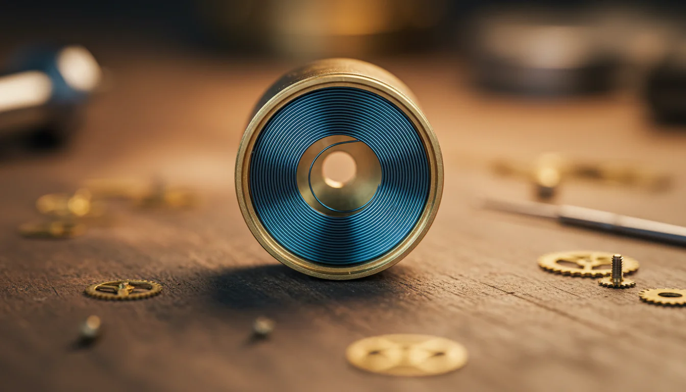 Mainspring and barrel explained, a coiled watch mainspring inside its barrel