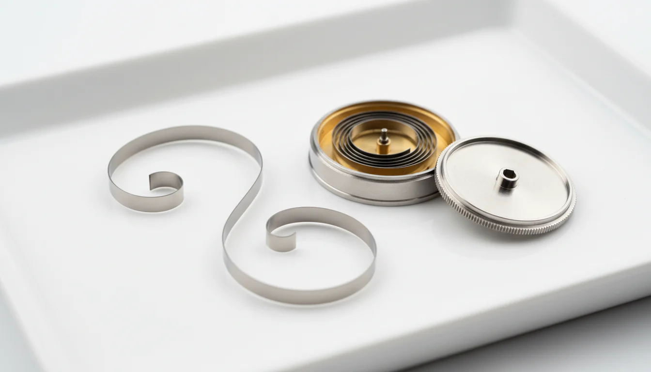 A watch mainspring removed and uncoiled beside its barrel on a service tray