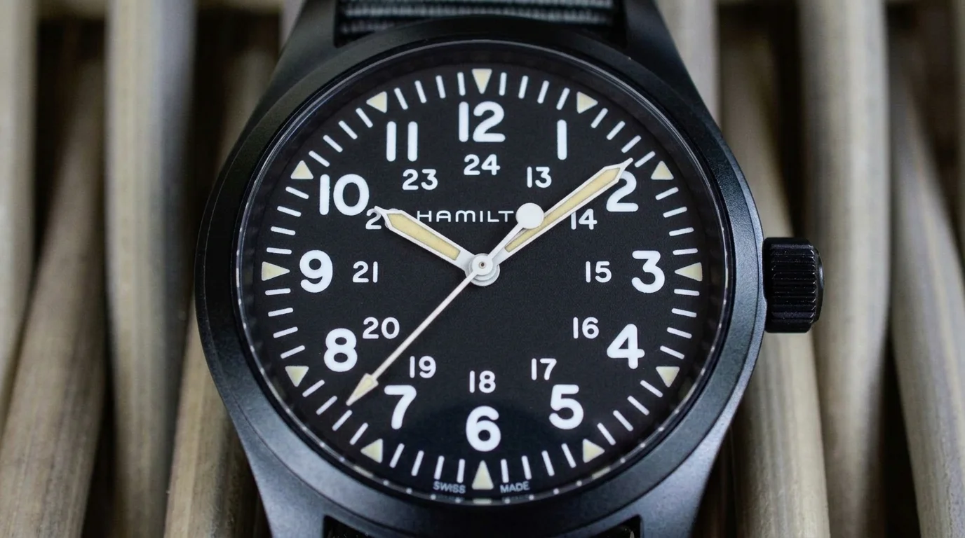 Macro shot of a Hamilton Khaki Field Mechanical matte black dial showing the flat non-reflective finish