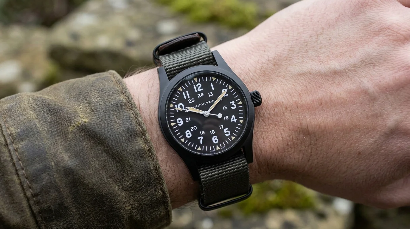 Hamilton Khaki Field matte black dial watch worn on the wrist outdoors