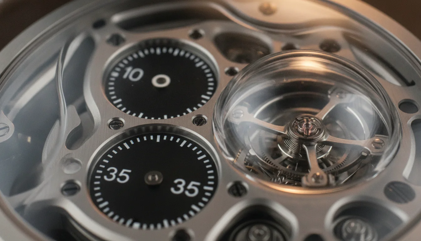 MB&F HM12 The Guardian dial macro showing the jumping hour and tourbillon eyes and forehead layout