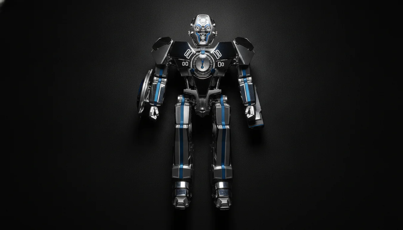 MB&F HM12 The Guardian robot companion figure next to the titanium watch, flat lay