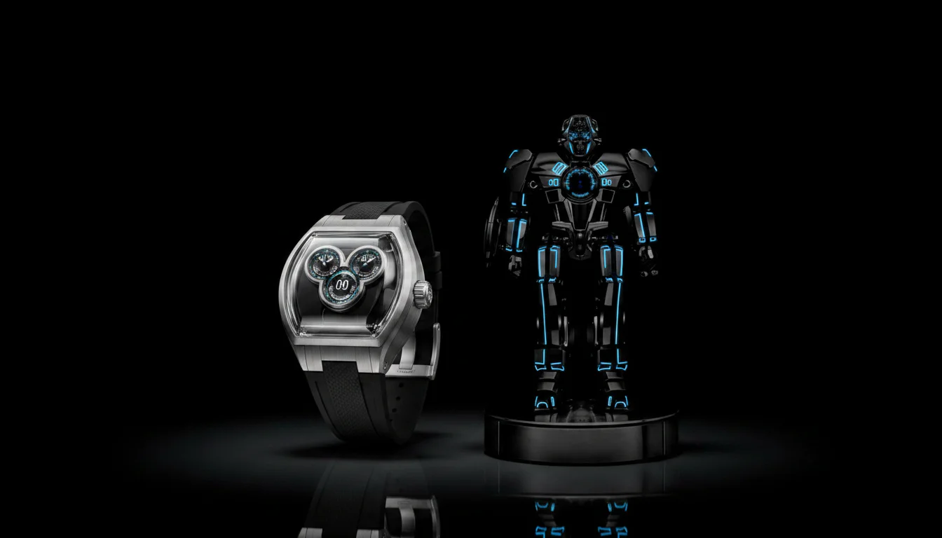 MB&F HM12 The Guardian watch and robot displayed together on a dark surface, wide composition