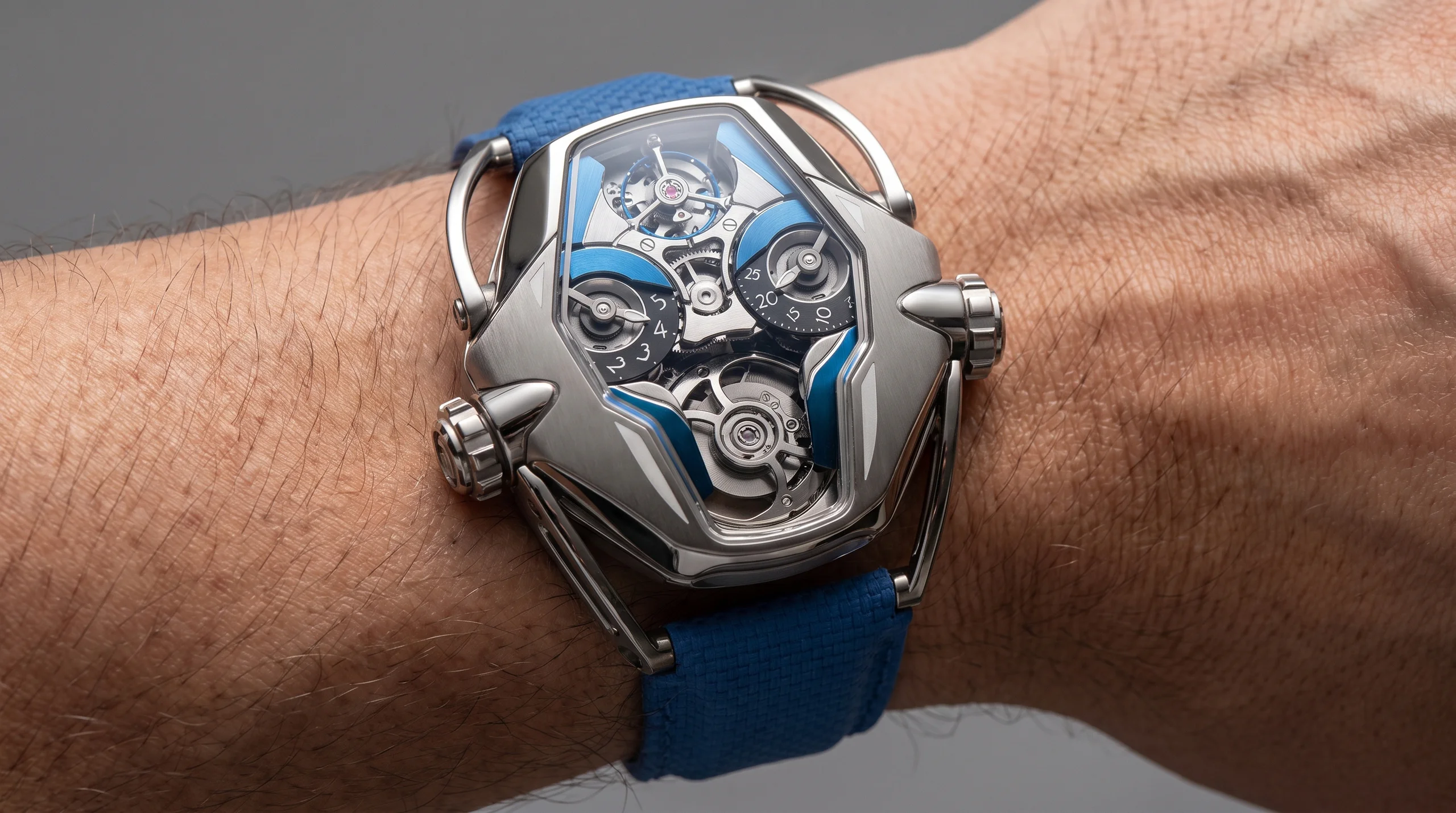 MB&F HM12 The Guardian titanium watch on wrist, front view