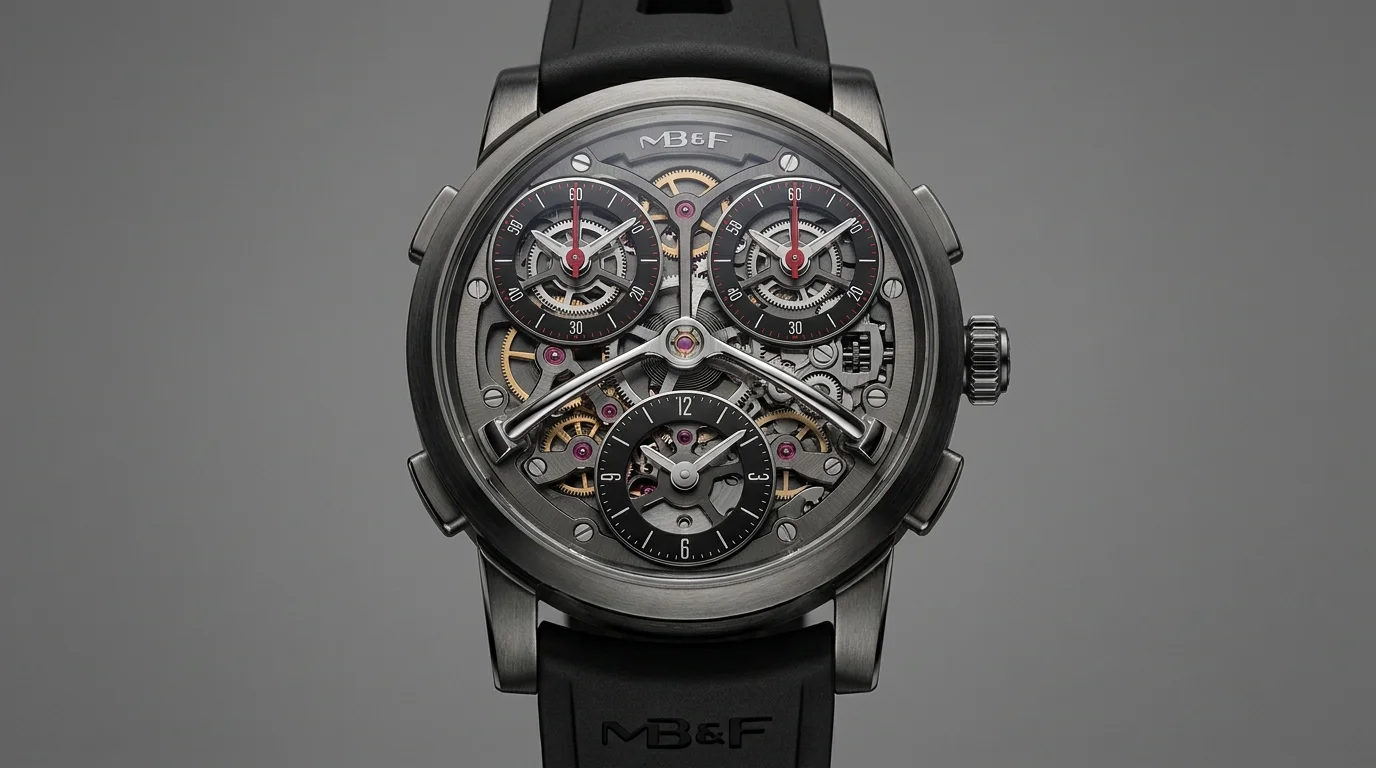 MB&F Legacy Machine Sequential EVO front dial with dual chronograph sub-dials in zirconium