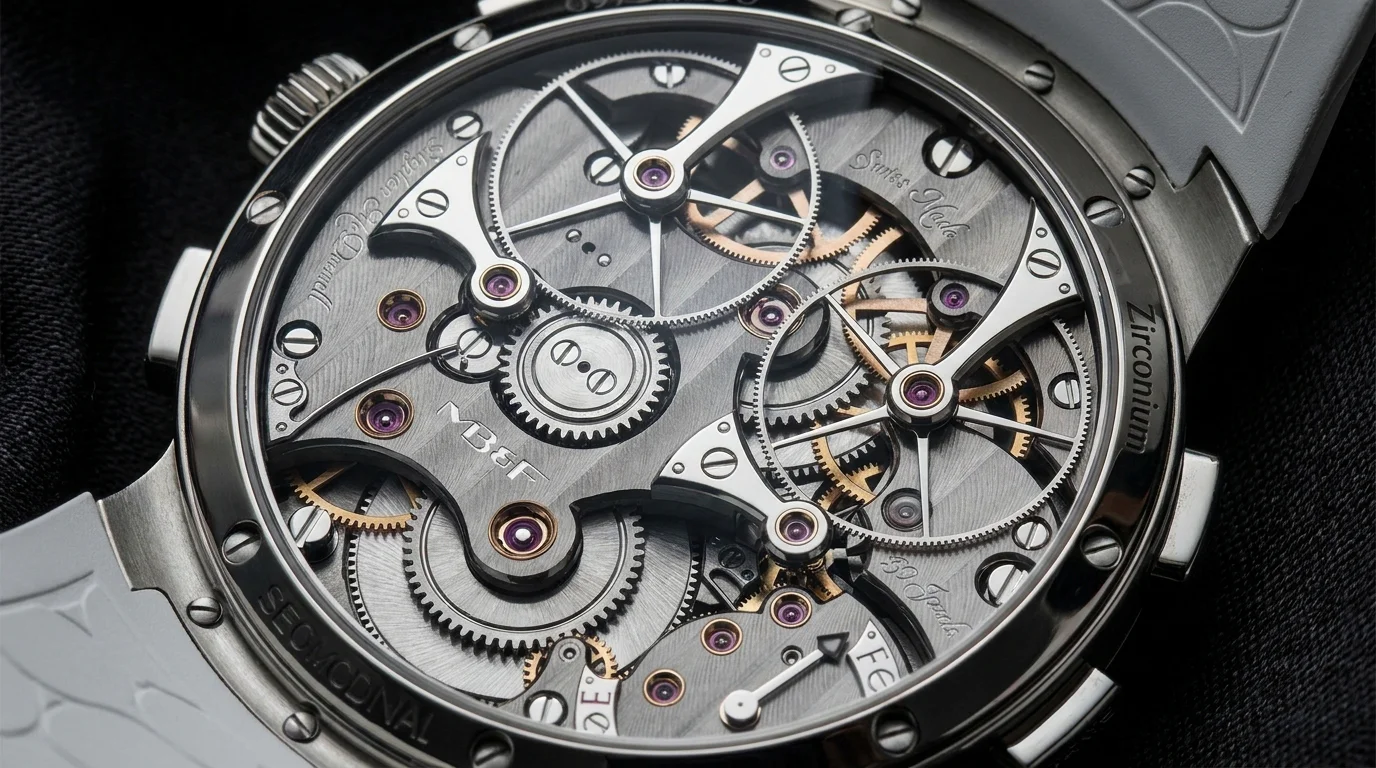 Exposed Stephen McDonnell movement inside the MB&F Legacy Machine Sequential EVO zirconium case