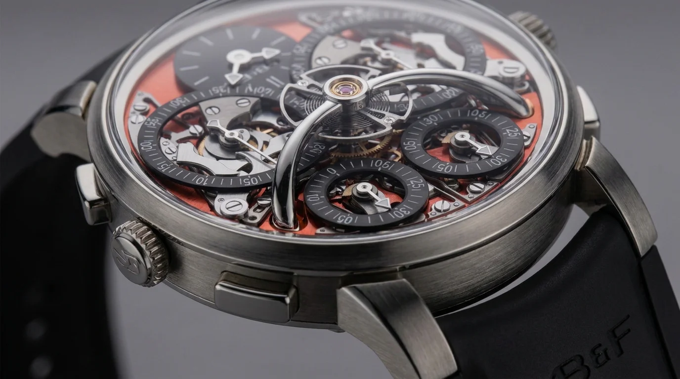 Macro detail of the MB&F Legacy Machine Sequential EVO Twinverter chronograph pusher mechanism