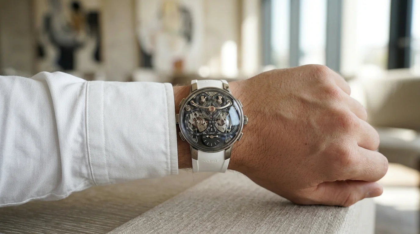 MB&F Legacy Machine Sequential EVO worn on the wrist with white rubber strap
