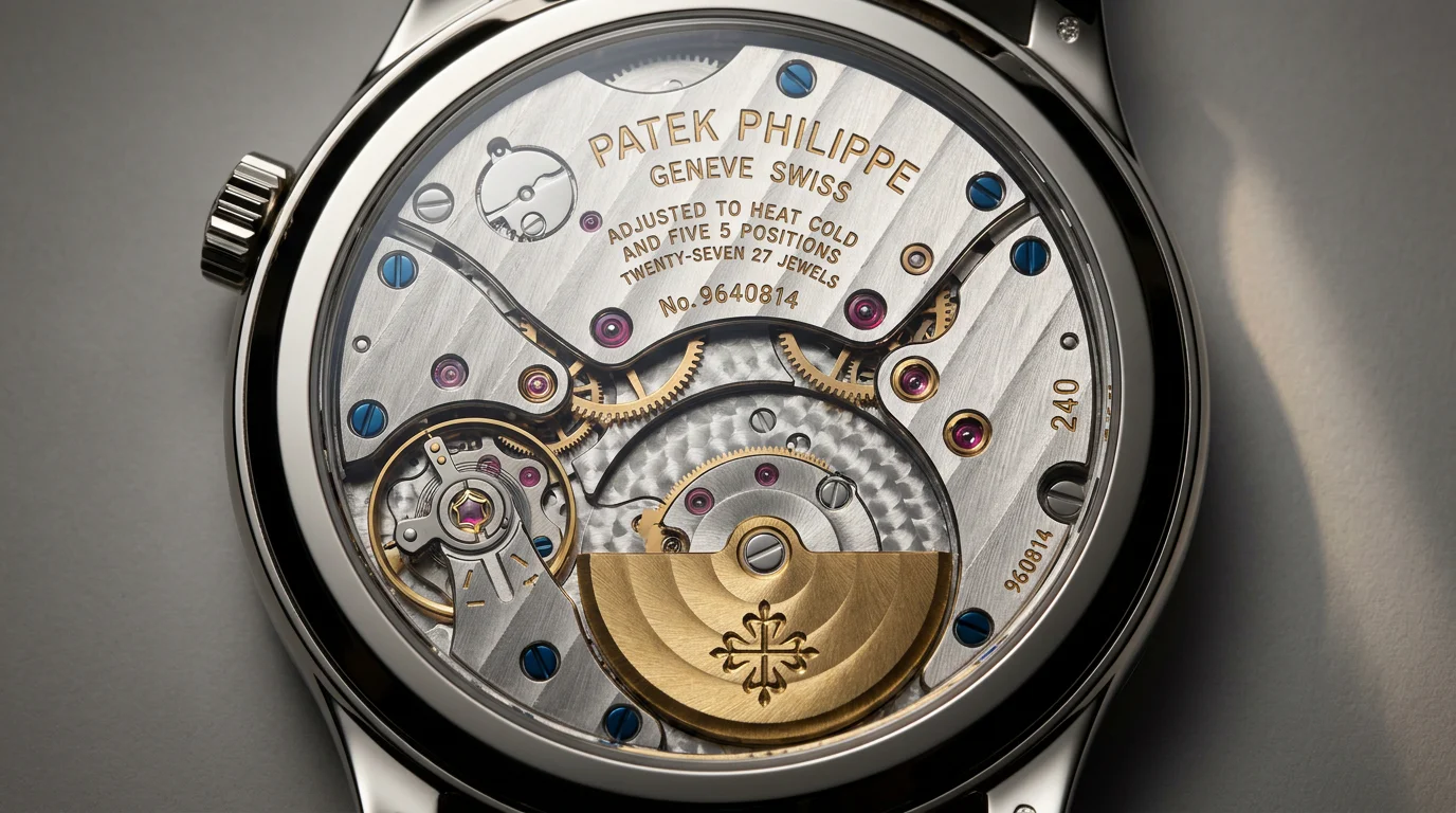Patek Philippe caliber 240 automatic movement showing the small off-centered gold micro-rotor through a sapphire caseback.