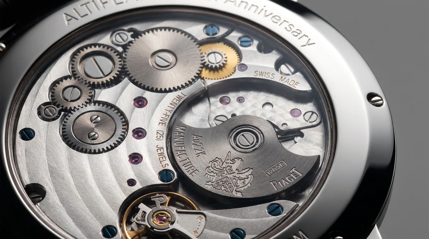 Piaget caliber 1200P ultra-thin automatic movement with visible micro-rotor viewed through a sapphire caseback.