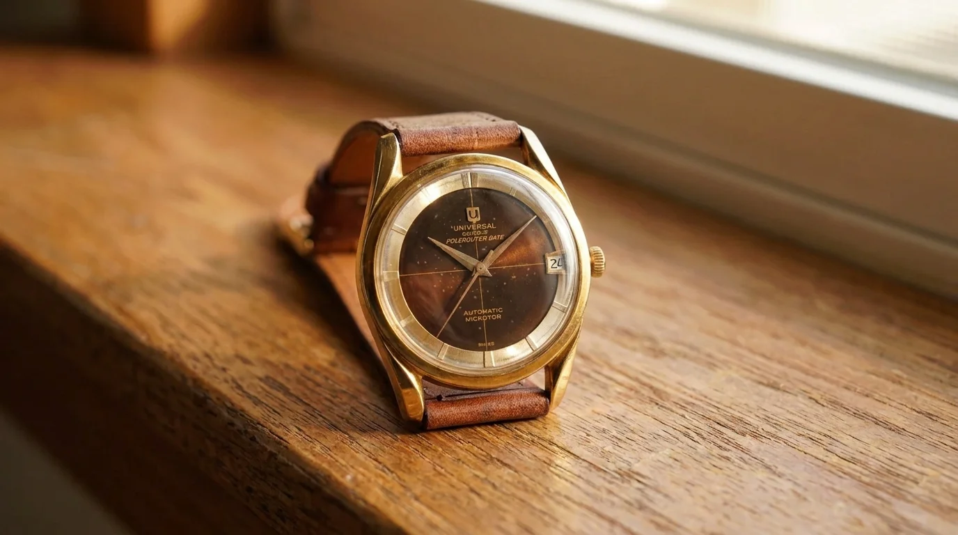 Vintage Universal Geneve Polerouter Date automatic watch with gold case and tropical brown dial, one of the first micro-rotor watches from 1958.