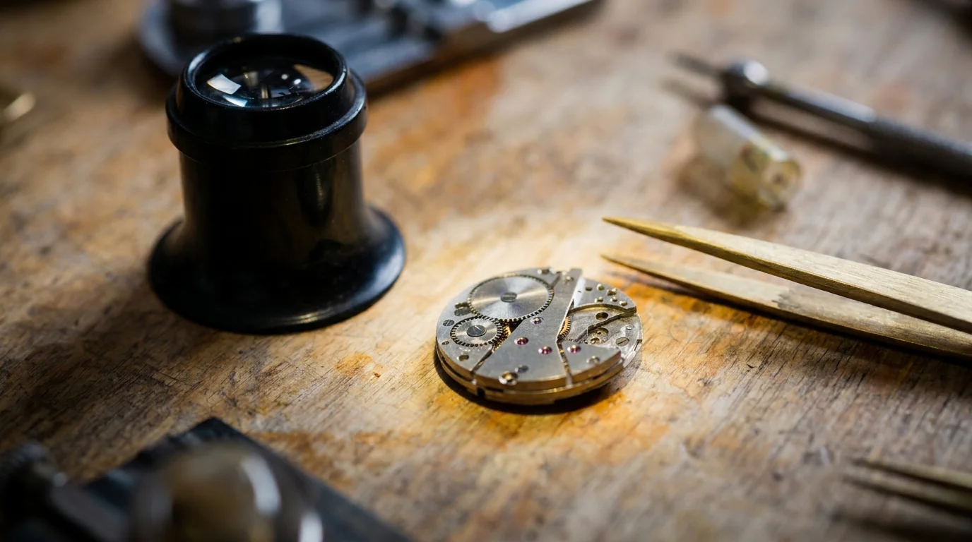 A watchmaker's bench with a loupe, tweezers, and an opened mechanical movement under focused light.