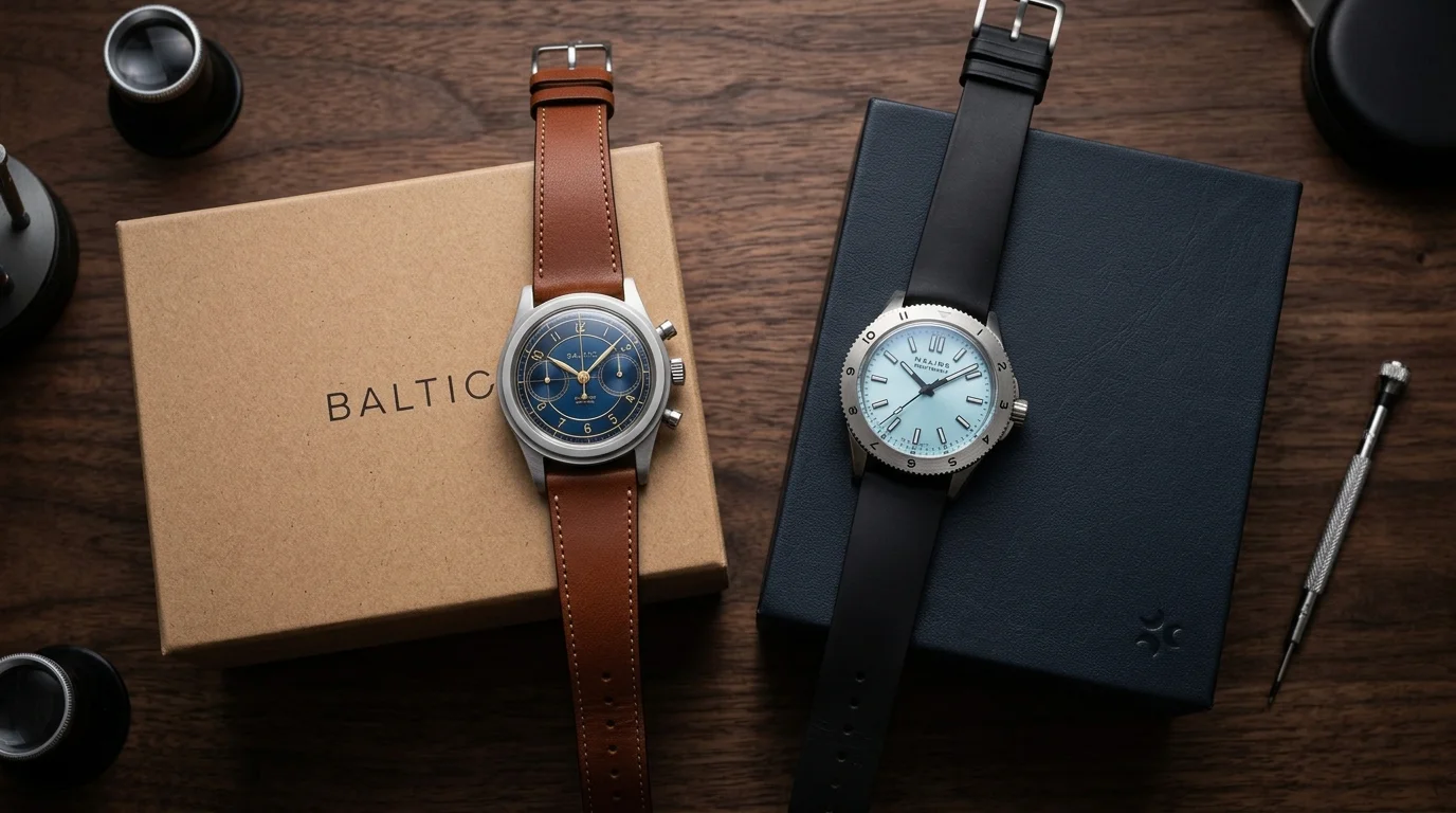 Baltic Bicompax 002 chronograph and Halios Seaforth dive watch displayed together on their watch boxes, two respected microbrand watches