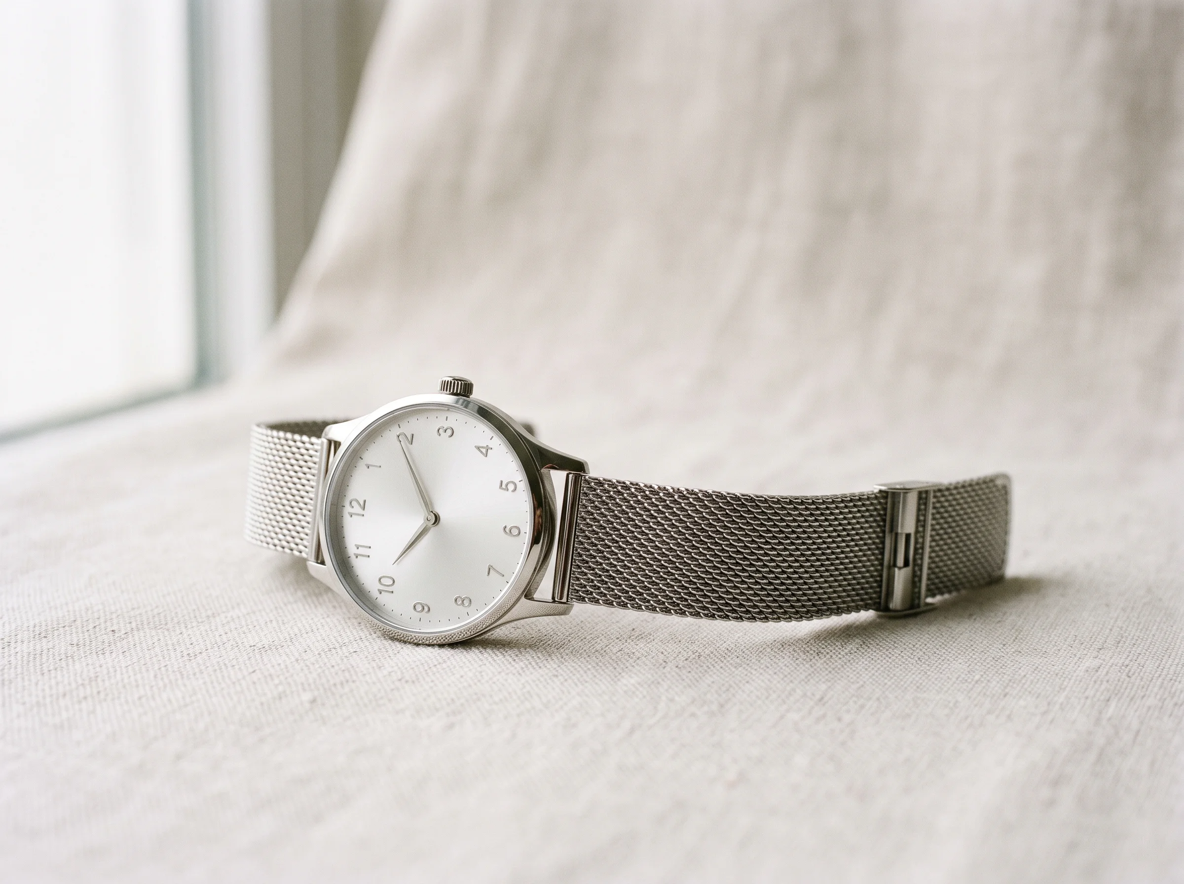 A slim dress watch on a fine woven Milanese steel mesh bracelet resting on a light surface