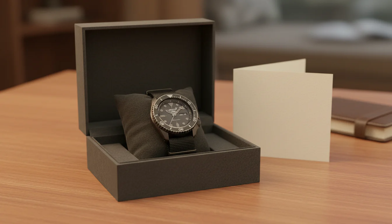 Watch gift box with a steel automatic watch and a card on a wood desk
