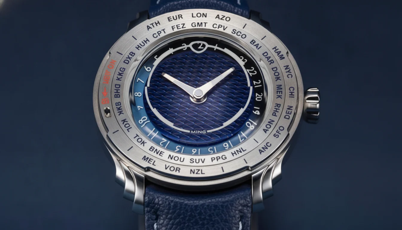 Macro shot of MING 57.05 Comet dial showing dual worldtimer bezel rings and city names