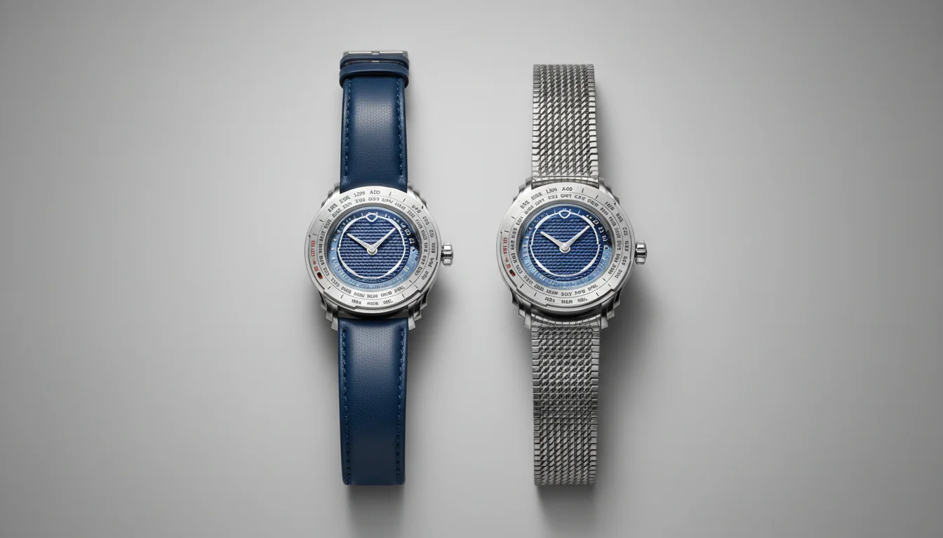 MING 57.05 Comet on cobalt blue leather strap next to titanium Polymesh bracelet option