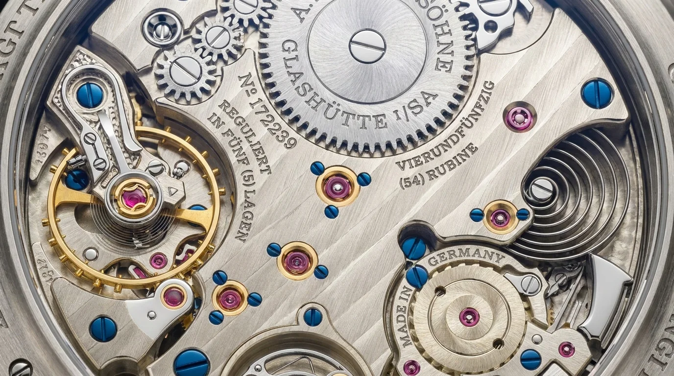 Macro view of a finely finished German minute repeater movement visible through an exhibition caseback.