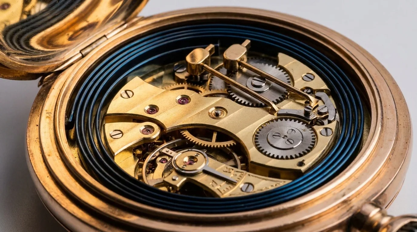 Open pocket watch caseback showing a minute repeater's hammers and coiled gong springs.