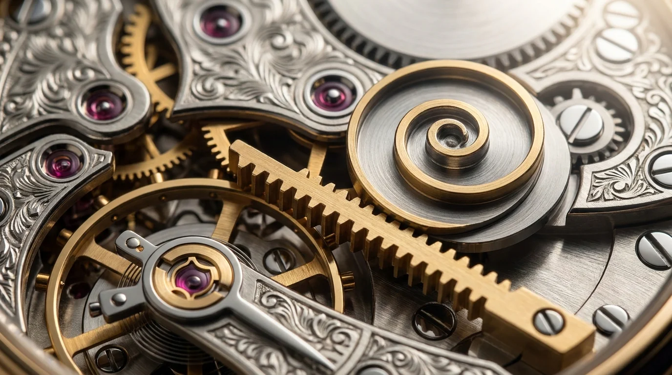 Macro view of a minute repeater's rack and snail mechanism, the spiral cam that encodes the current time.
