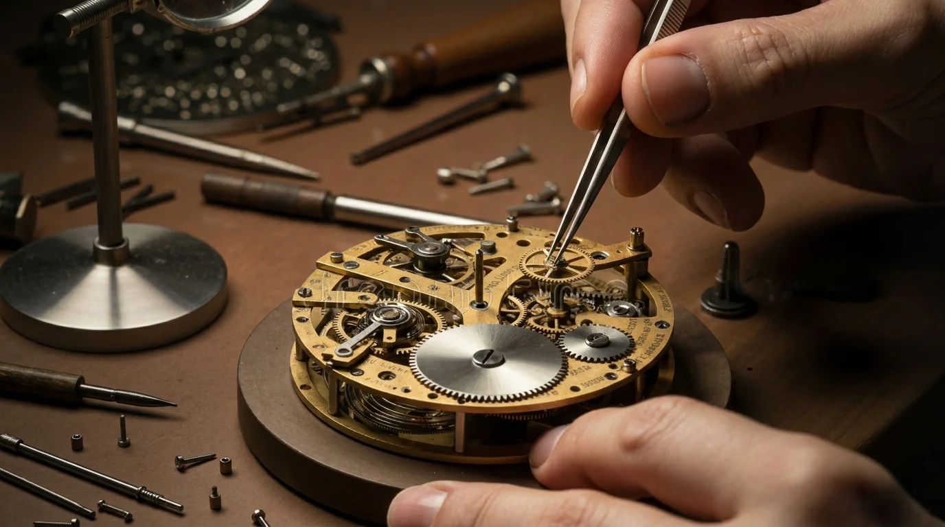 A watchmaker's hands using fine tweezers to adjust the hammers of a minute repeater movement at a workbench.