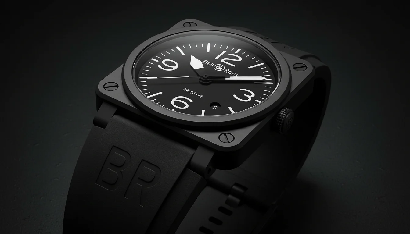 Bell and Ross BR-03 watch with a square monobloc case held by four visible screws, black dial and rubber strap