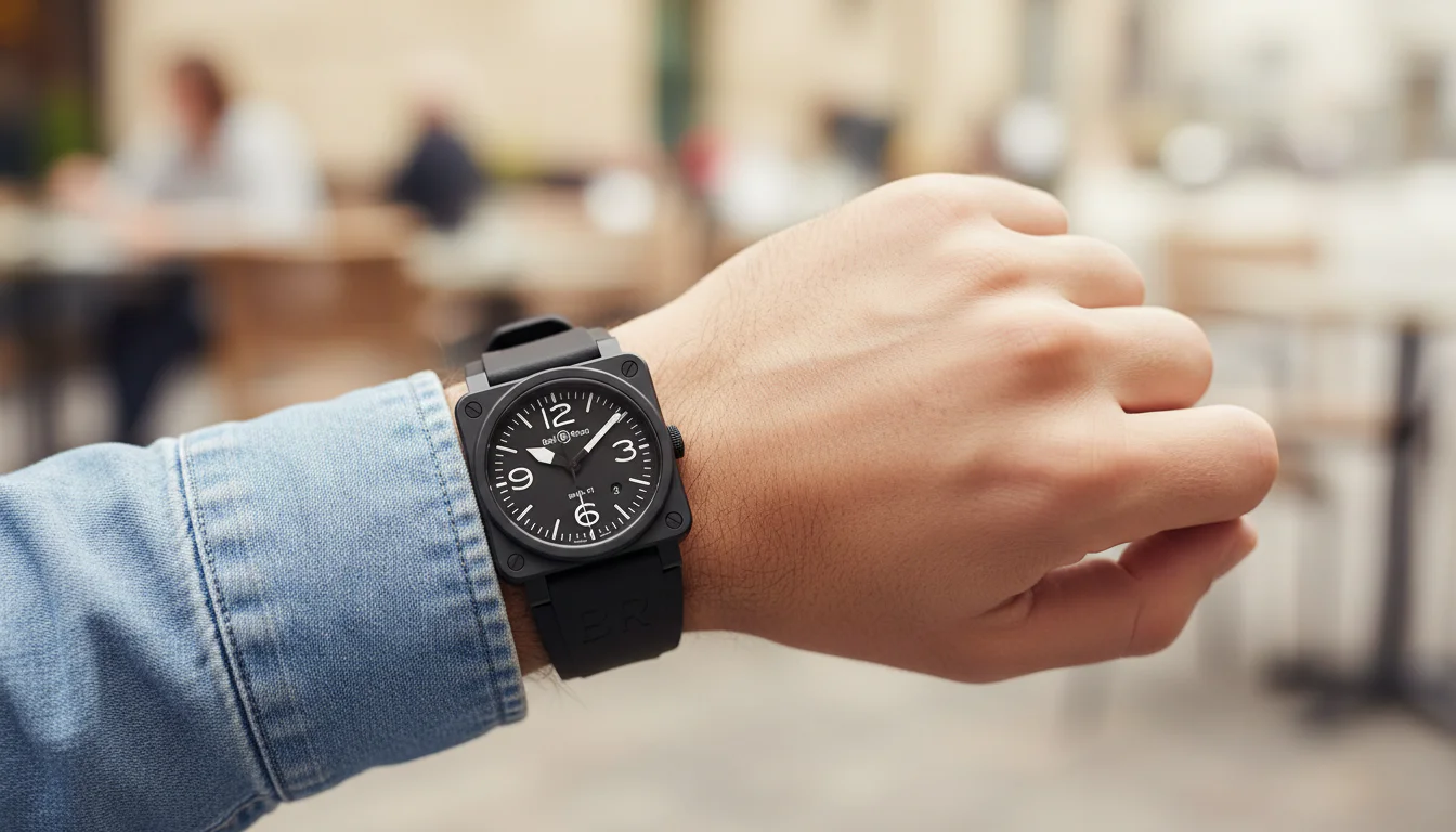 Bell and Ross BR-03 monobloc case watch worn casually on the wrist with a denim sleeve