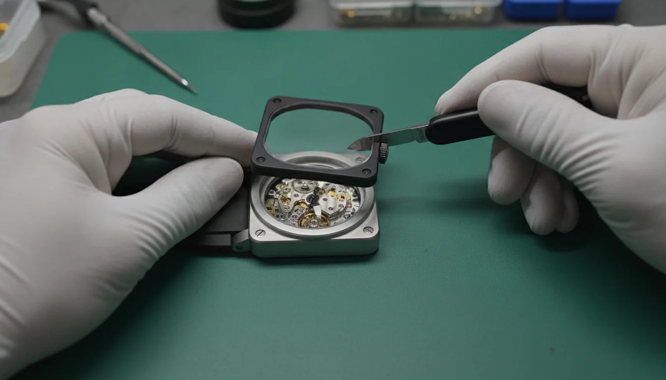 Watchmaker prying open a monobloc watch case from the front through the crystal, exposing the movement