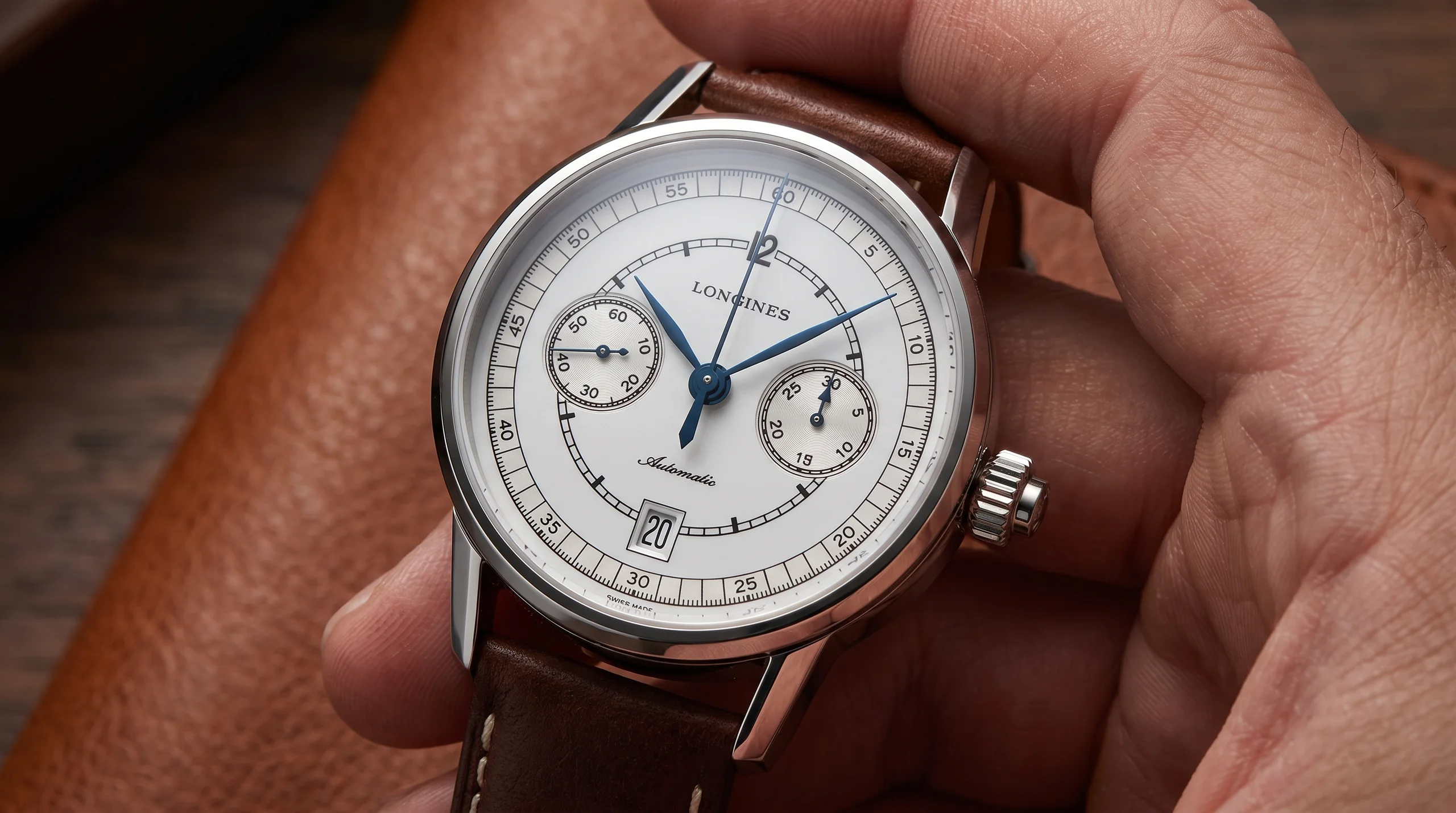 Longines Column-Wheel Single Push-Piece Chronograph editorial image showing the monopusher integrated into the crown, no separate case pusher