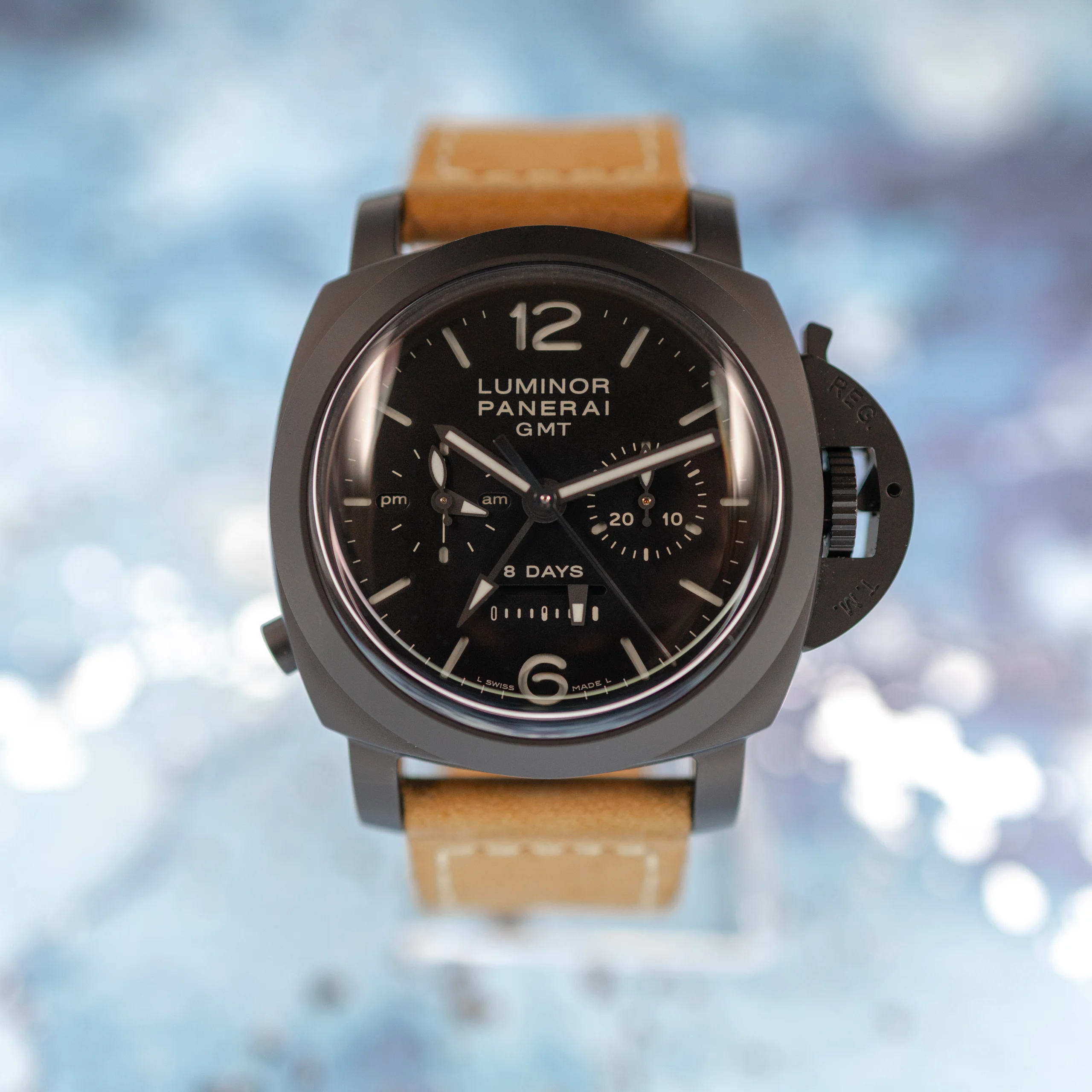 Panerai Luminor 1950 PAM00311 Monopulsante with brown dial, in-stock at 5D Watches, monopusher chronograph at 8 o'clock