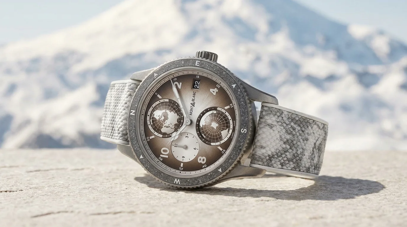 Angled view of the Montblanc 1858 Geosphere Mount Elbrouz Limited Edition 829 resting on stone with a snowy mountain range blurred behind it