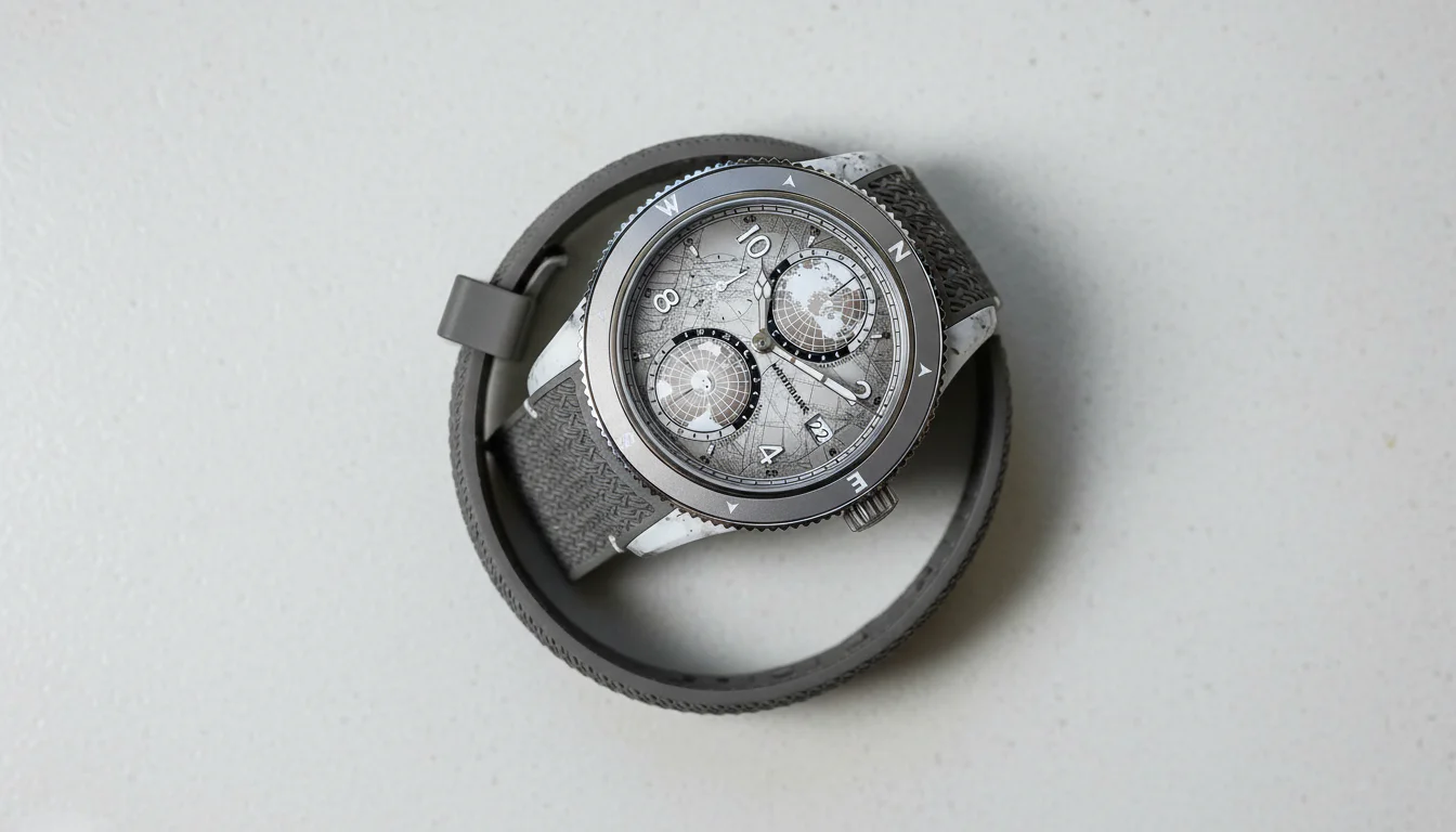 Flat lay of the Montblanc 1858 Geosphere Mount Elbrouz Limited Edition 829 with strap coiled beside the titanium composite case