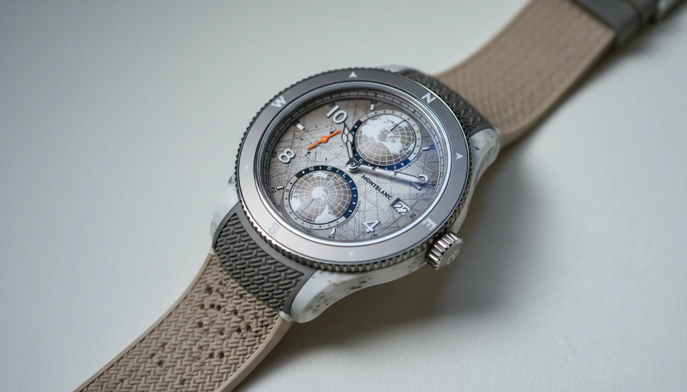 Montblanc 1858 Geosphere 0 Oxygen Mount Elbrouz dial close up showing the dual rotating globe worldtime complication