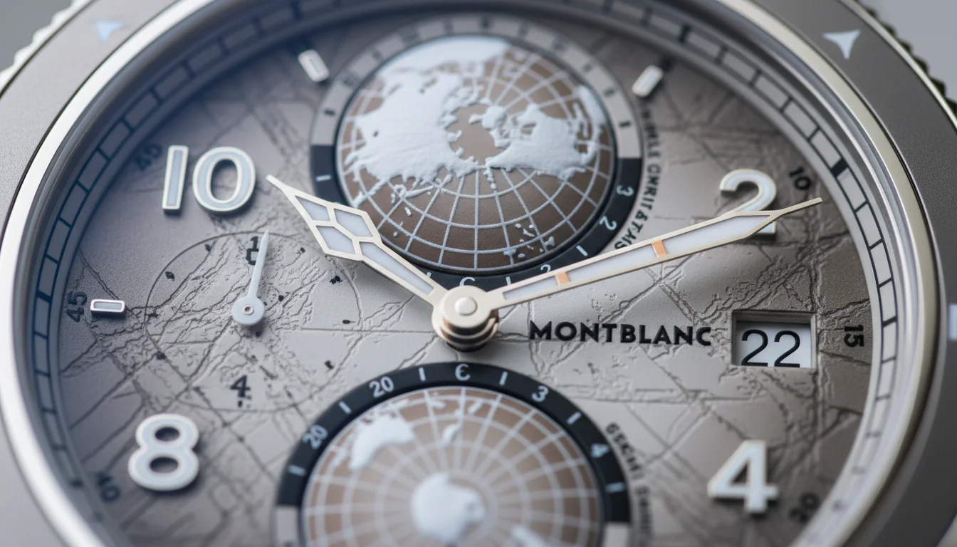 Macro shot of the Montblanc 1858 Geosphere Mount Elbrouz dial showing the raised globe hemisphere and glacier map texture