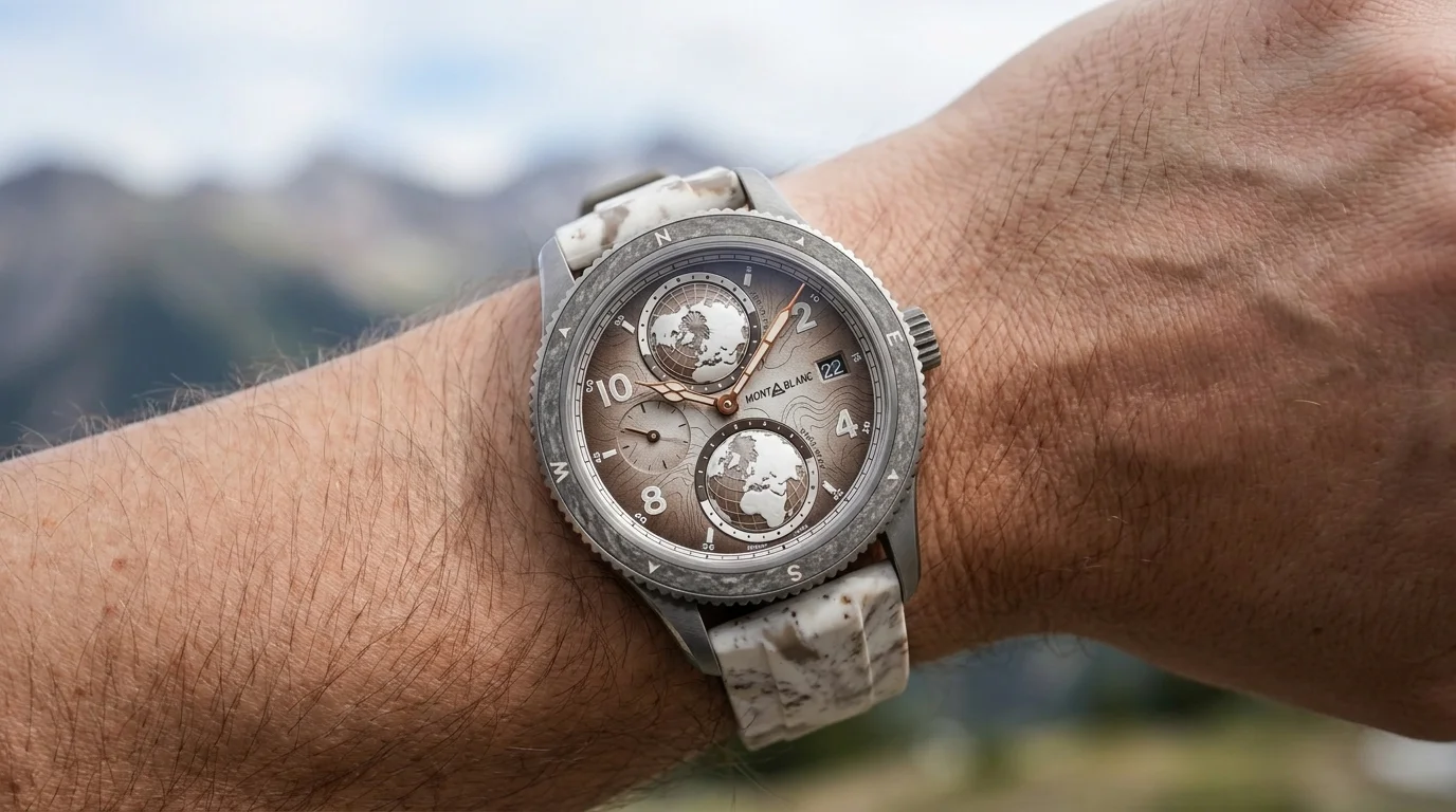 Montblanc 1858 Geosphere Mount Elbrouz Limited Edition 829 worn on the wrist outdoors near a mountain backdrop