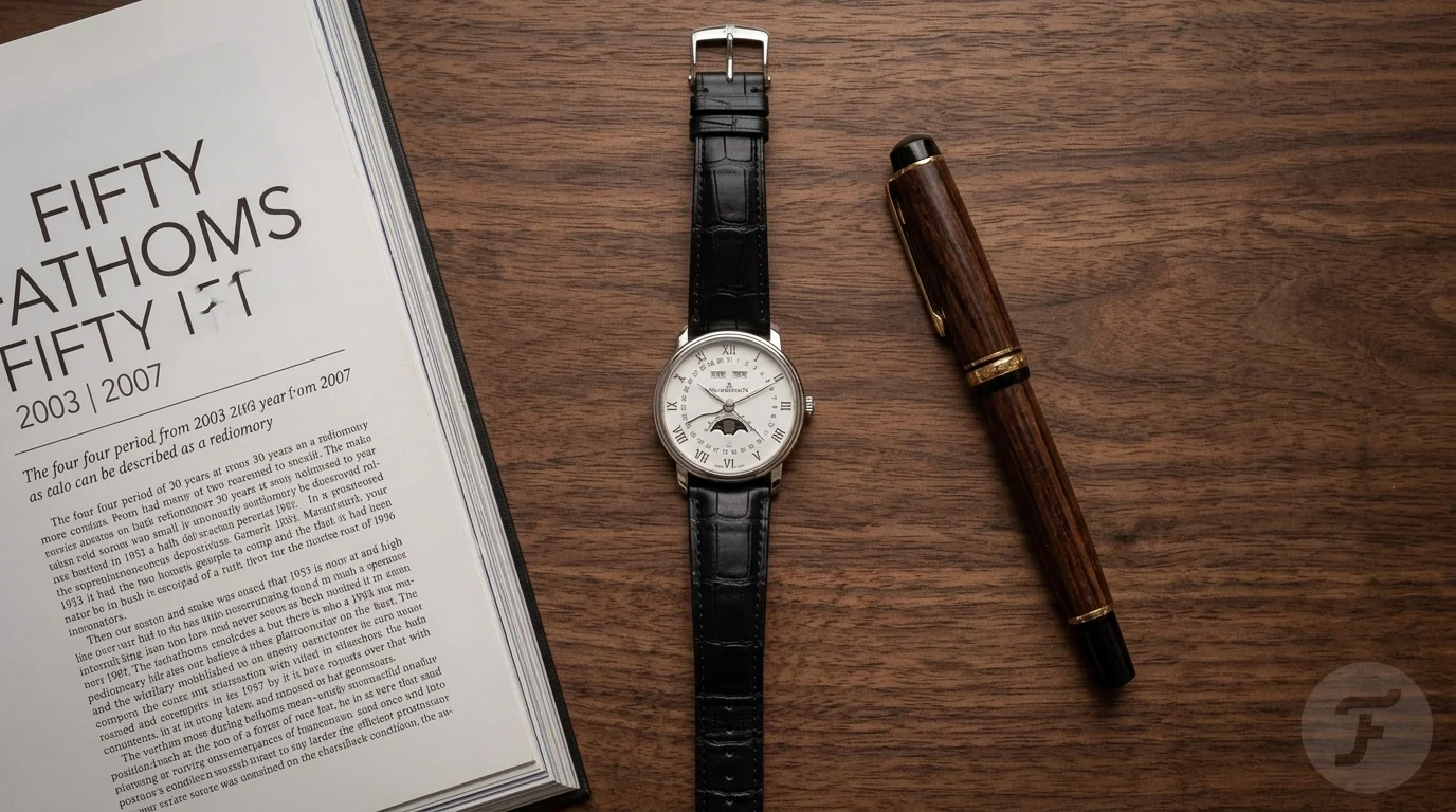 Blancpain Villeret complete calendar with white dial and classic moonphase at 6 o'clock, top-down on walnut