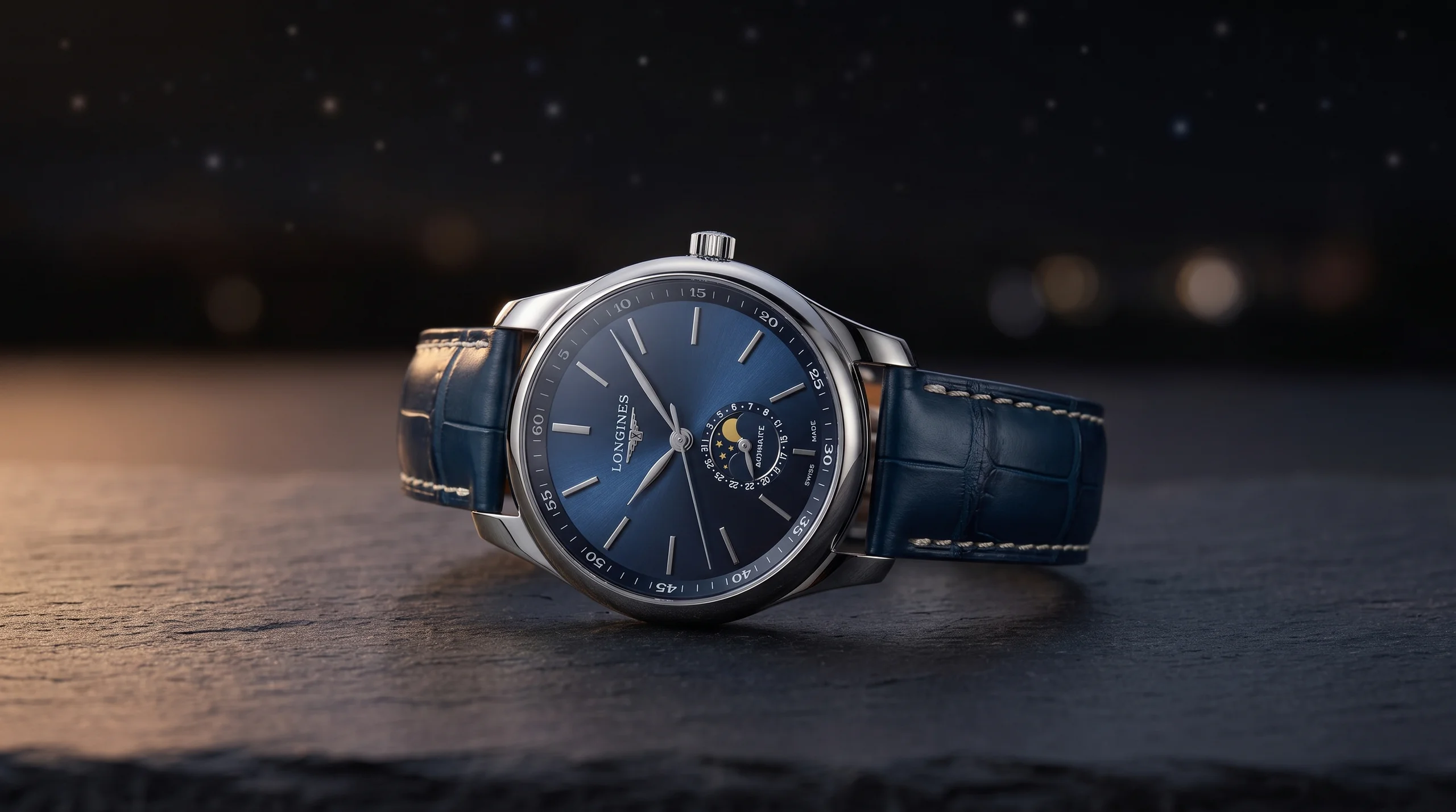 Longines Master Collection Moonphase with blue dial and golden moon aperture at 6 o'clock on slate