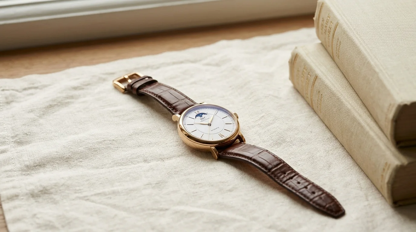 IWC Portofino Automatic Moon Phase with silver dial and moonphase at 12 o'clock on cream linen