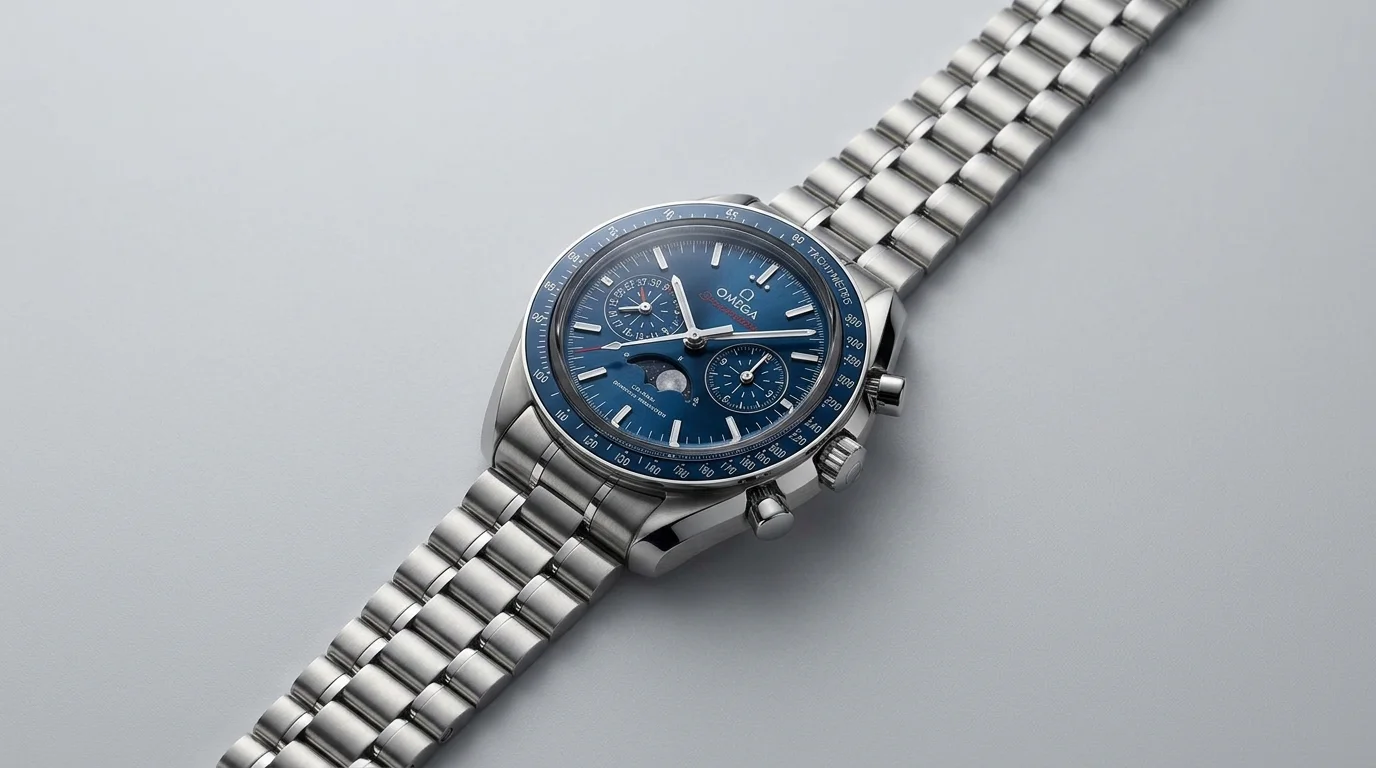 Omega Speedmaster Moonphase with blue dial and double-moon display at 6 o'clock, studio view