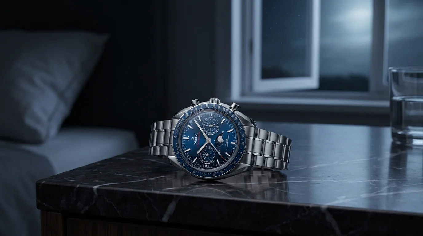 Omega Speedmaster Moonphase on a marble nightstand near a window with soft moonlight