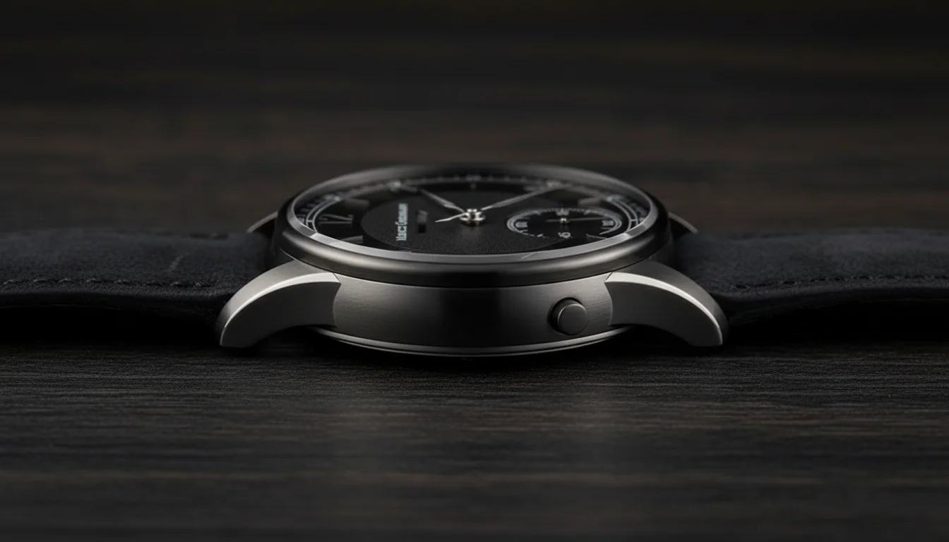 Case profile of the Benu Power Reserve showing the resetting crown and restart pusher