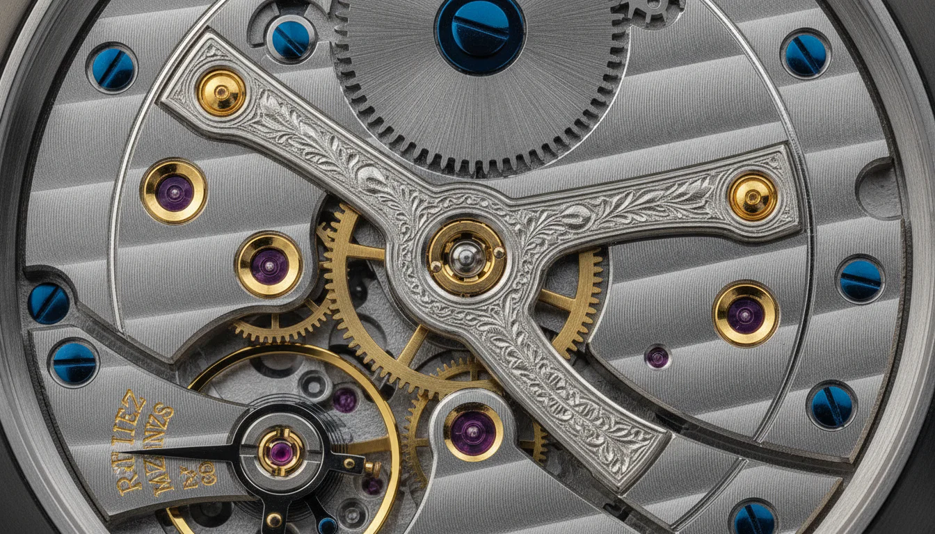 The hand-finished Moritz Grossmann caliber 100.2 movement with German silver plate and gold chatons