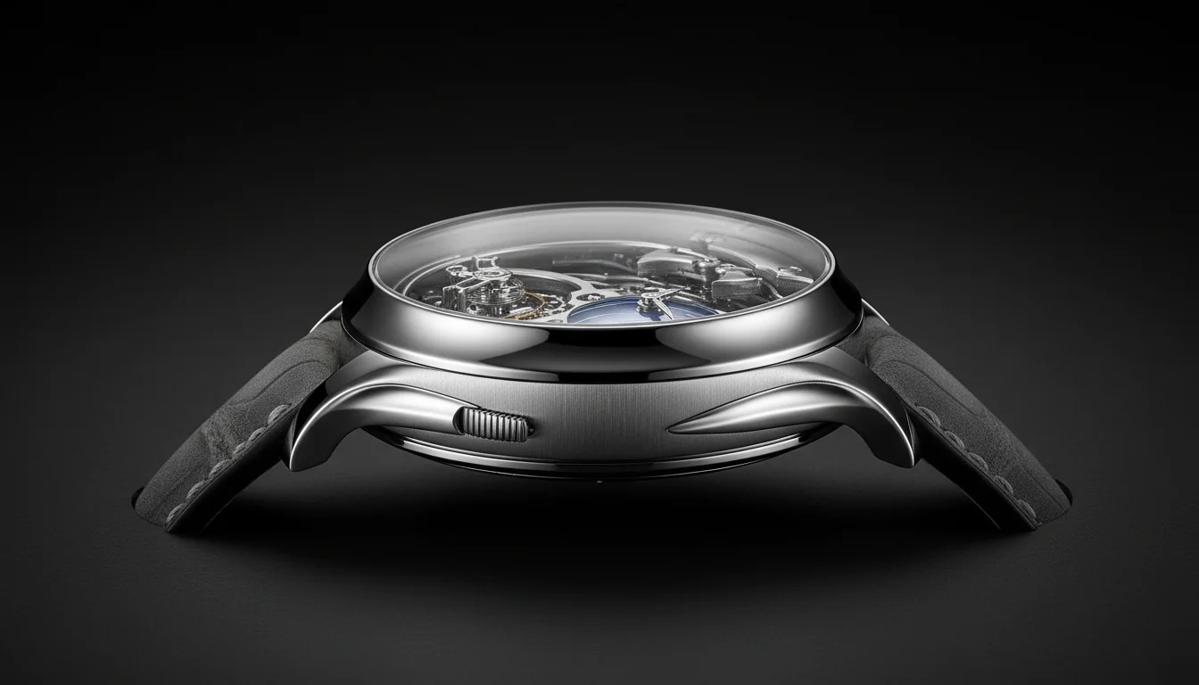 Titanium case profile of the H. Moser Endeavour Minute Repeater Cosmic Rain showing the repeater slide